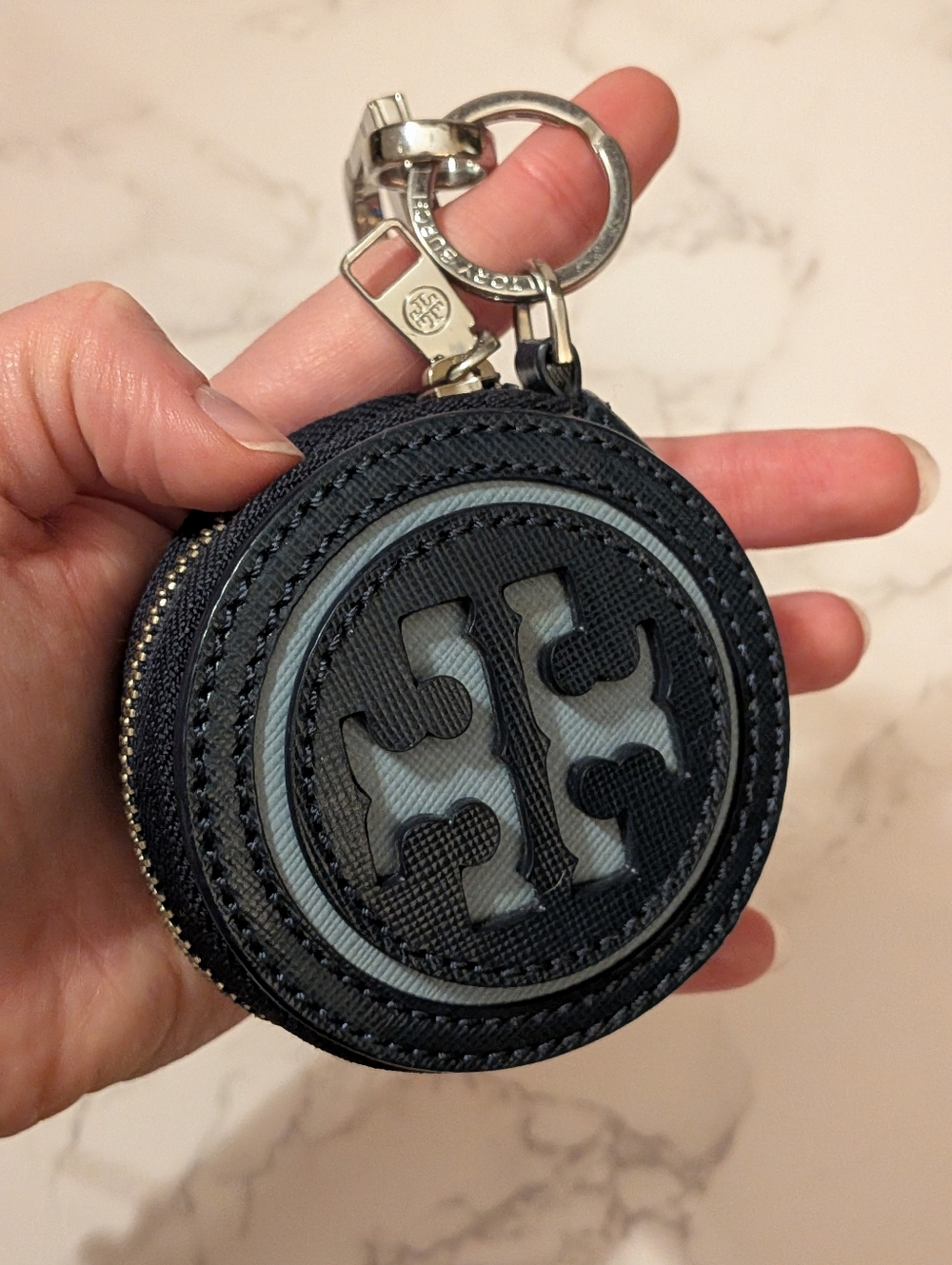 Tory Burch Blue Round Leather Zip Keychain Pouch